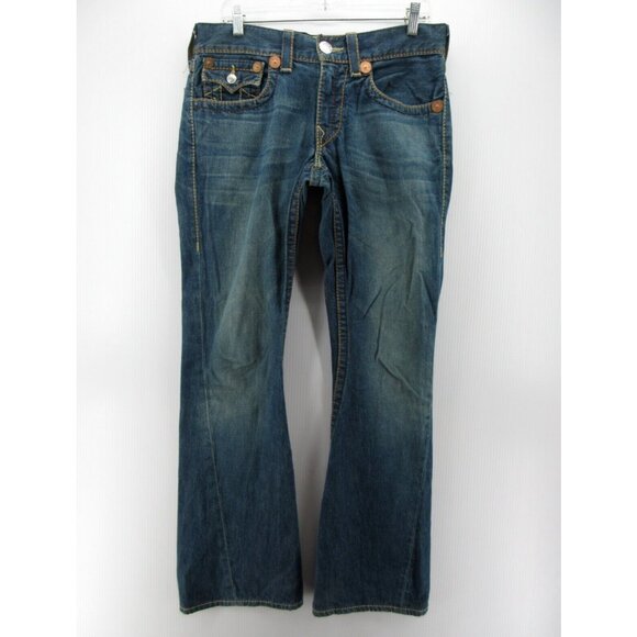 True Religion Jeans 31 Joey Big T Flare Denim Embroidered Y2K 31X33 - Picture 1 of 13